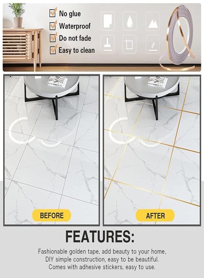 OffyBird Waterproof Golden Tile Sticker Tape 50M - Self-Adhesive Seam Sealing Strip for Wall, Floor, Ceiling, Kitchen, Cabinet - Tile Line Decoration Tape for Home & Interior Design (1cm Wide, Golden) - Image 2